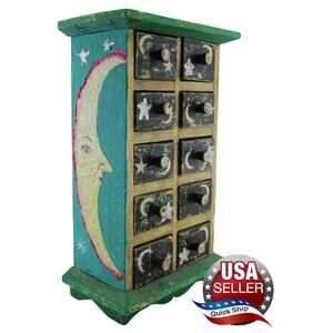VTG Folk Art Mini 10 Drawer Wood Chest • Handmade & Painted • Sun Moons & Stars